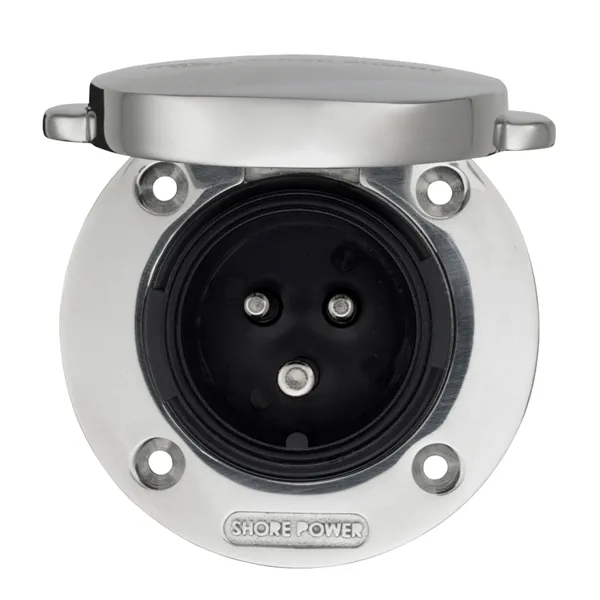 Power Inlet stainless with cover 16A/250Vac (2p/3w)